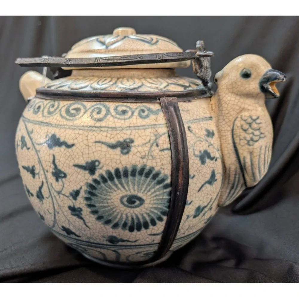 Antique Blue & White Asian Teapot Figural Spout